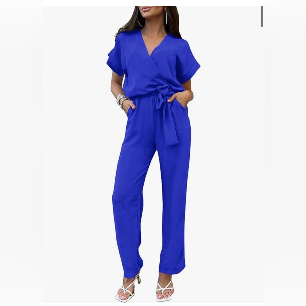 PRETTYGARDEN Womens Short Sleeve Wrap V Neck Belted Wide Leg Jumpsuit worn once